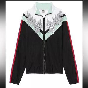 Victorias Secret Pink Bling Rose Floral Perfect Full Zip Anorak Jacket Black M/L